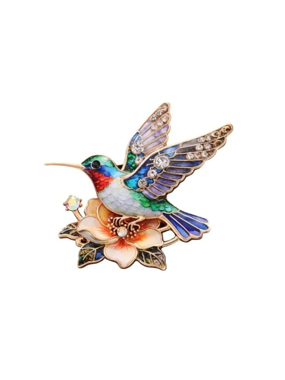 Colorful Enamel Hummingbird Brooch With Crystal Accents Gold Tone